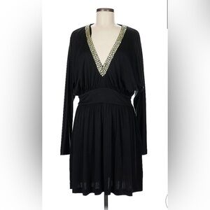 Halston Heritage Black Dress with Gold-studded, Plunging V-neckline  - Size 2
